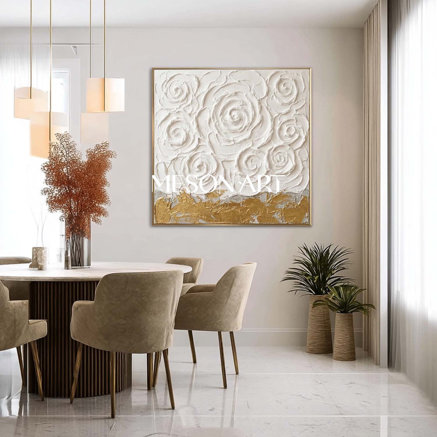 3D Textured White Rose Canvas Art | Gold Foil Plaster Painting