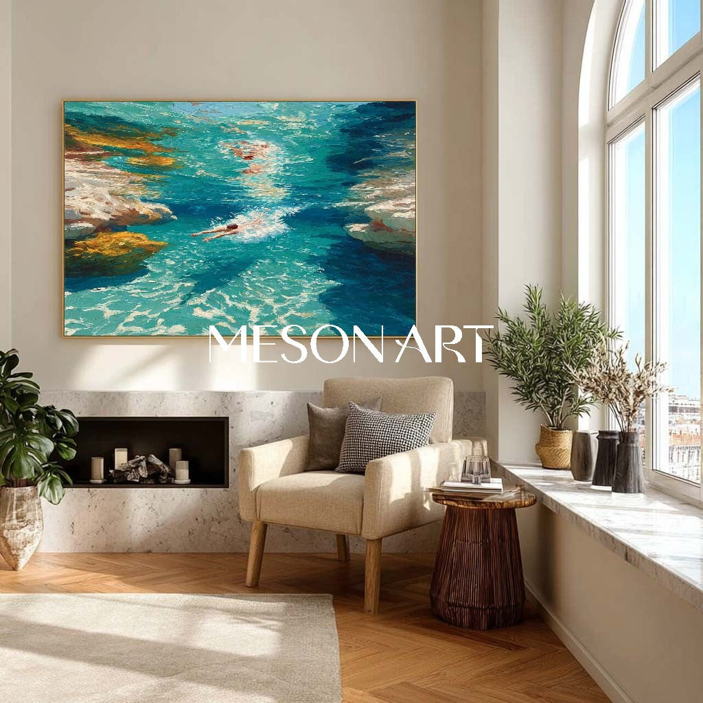 Ocean Swimming Painting Modern Pool Wall Decor Sunny Poolside Canvas Art