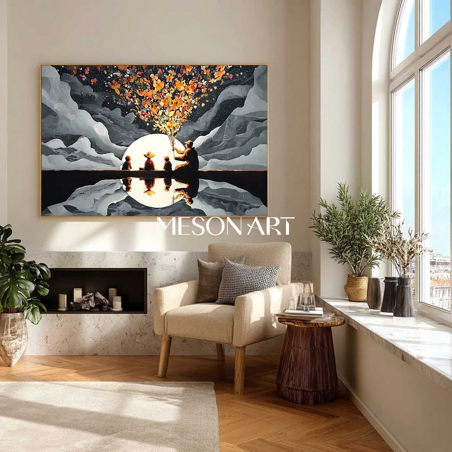 Surreal Moonlight Fireworks with Grandpa and Children – Dreamlike Family Art | Mesonart