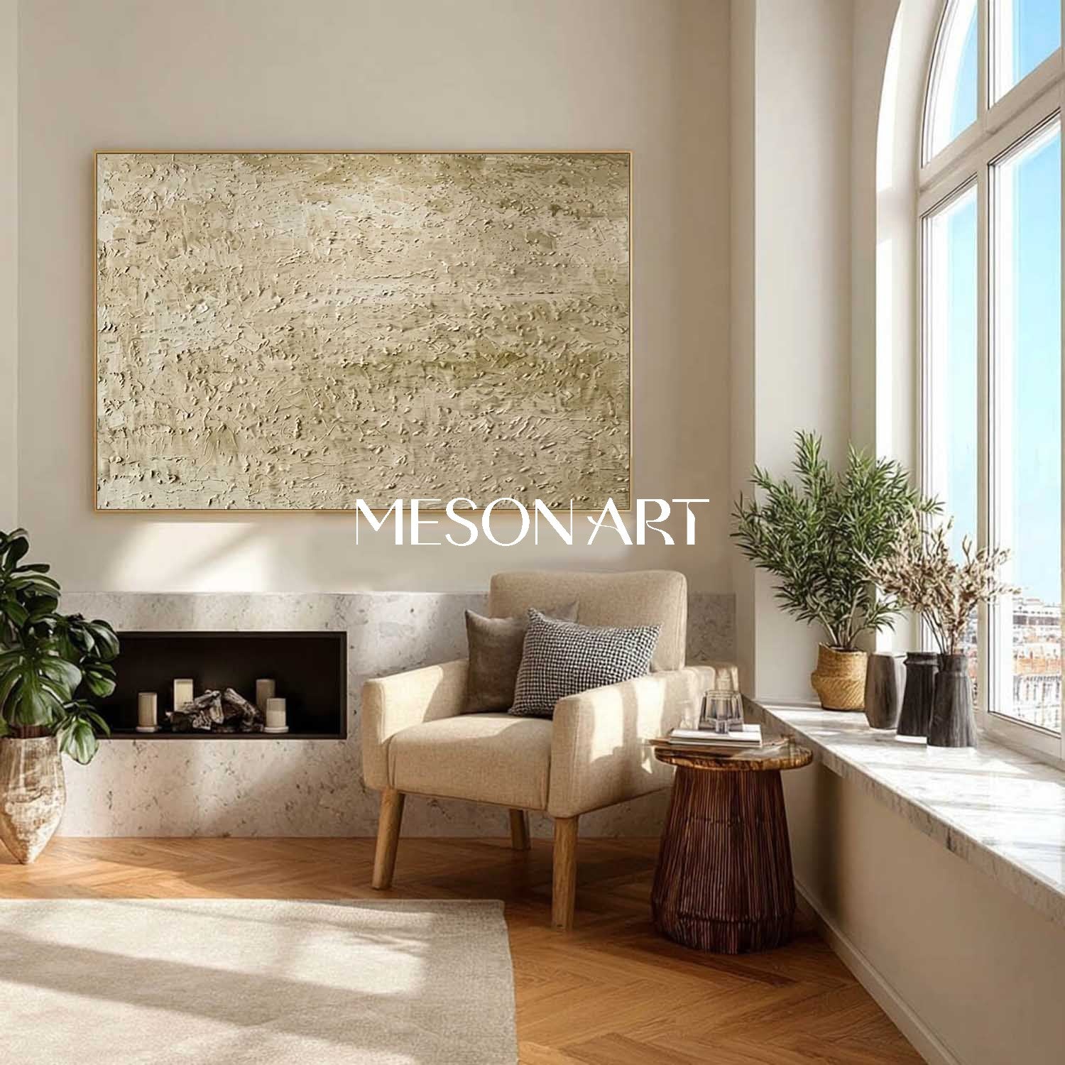 MesonArt Beige 3D Textured Canvas Wall Art | Modern Plaster Painting
