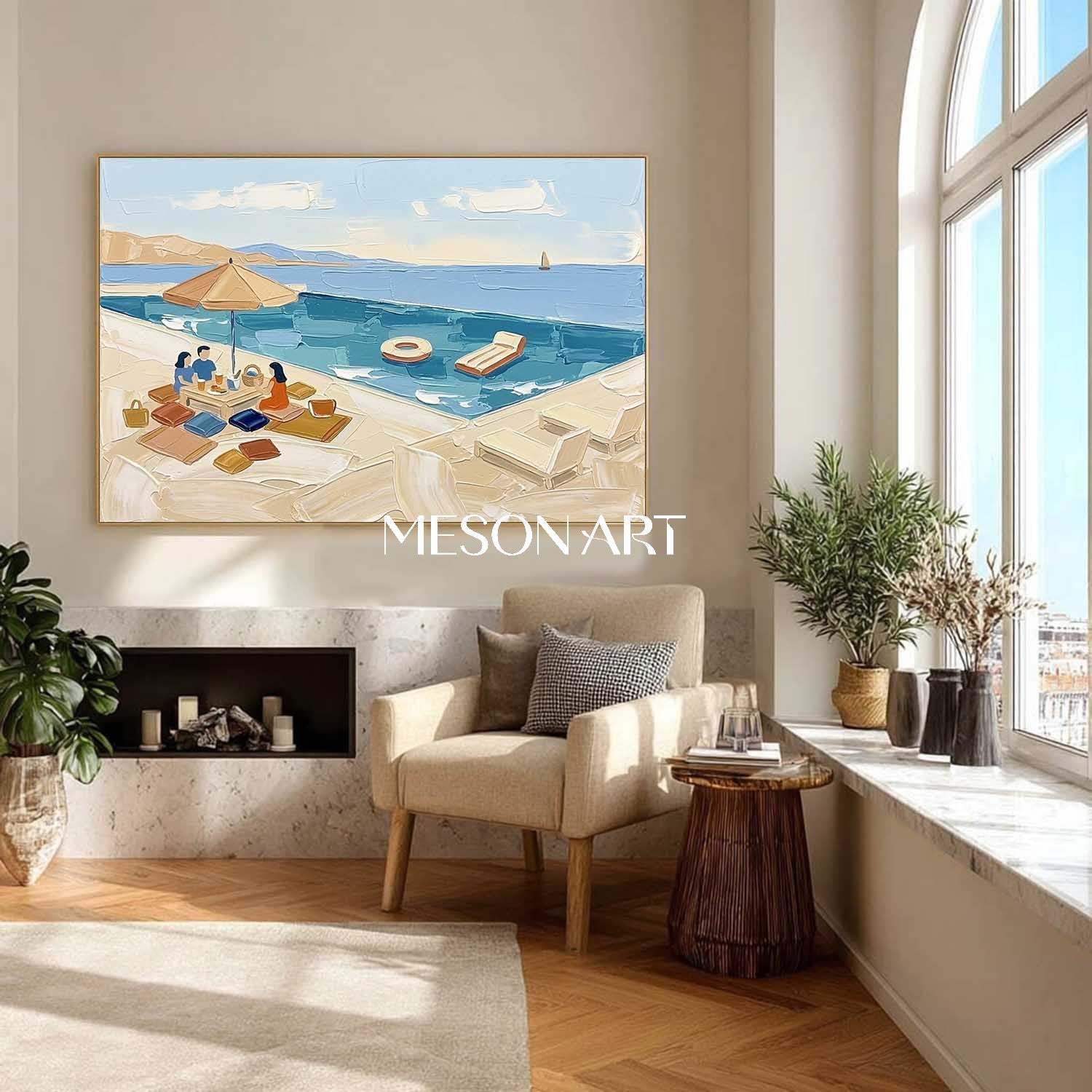 Coastal Pool Picnic Impasto Painting Textured Wall Art Summer Coastal Resort Living Room Bedroom Decor