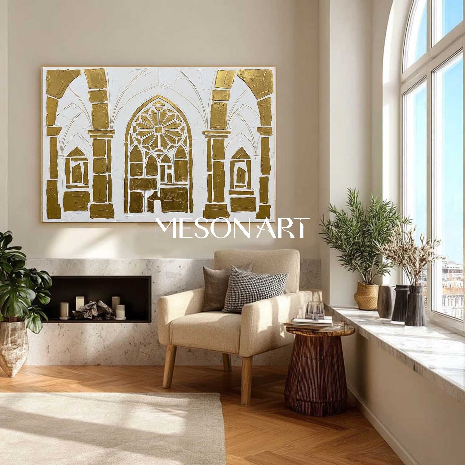 Gothic Arch Geometric Painting Modern Gold 3D Textured Architectural Canvas Wall Art