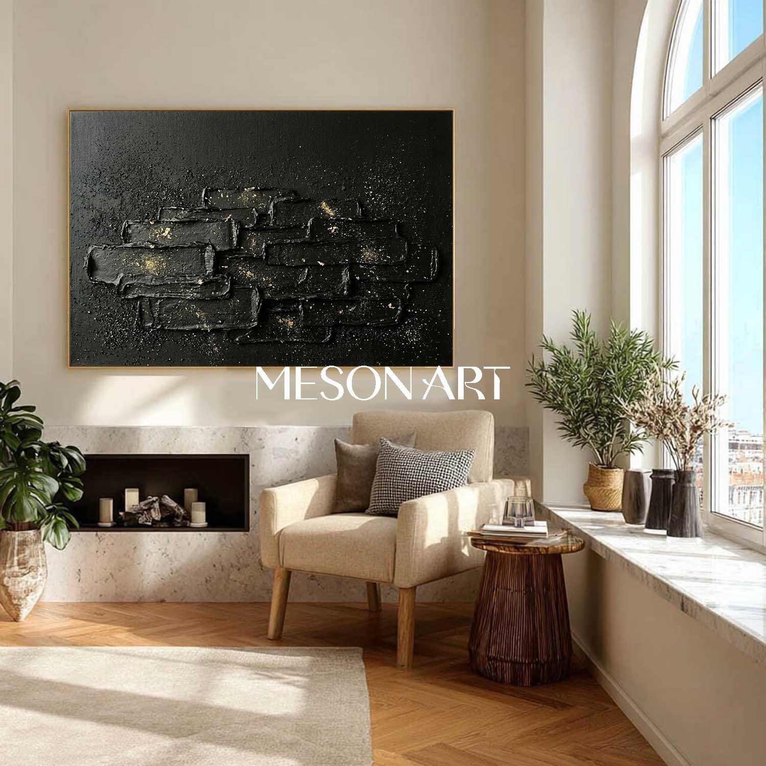 Industrial Dark Aesthetic Painting Textured Black Geometric Canvas Modern Luxury Living Room Decor