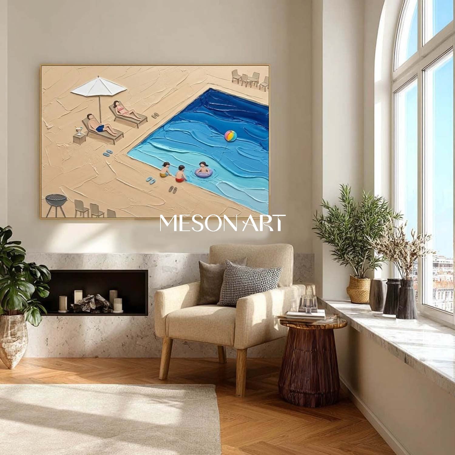 Summer Vacation Poolside Living Room Bedroom Decor Pool Family Impasto Painting Textured Wall Art