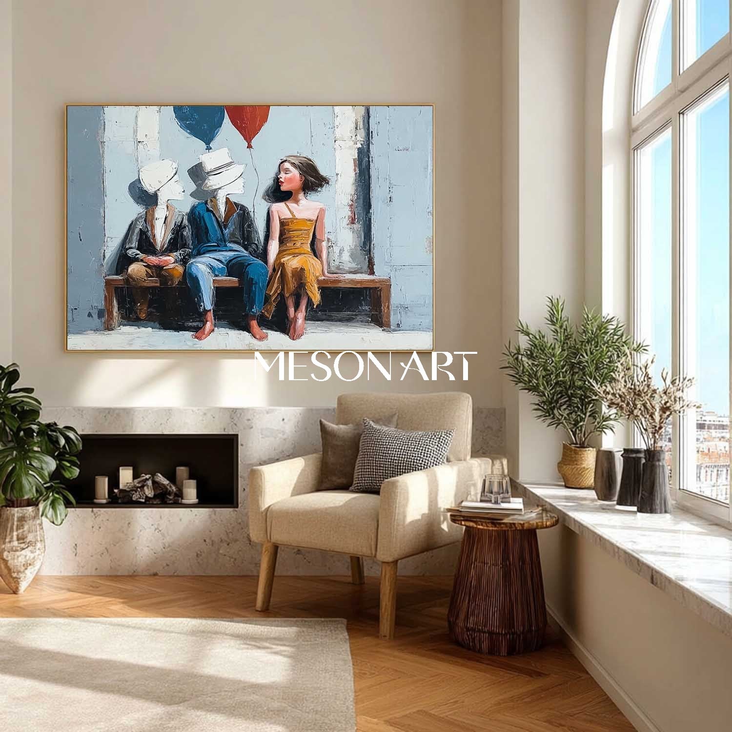 Surreal Boy and Girl with Balloons Abstract Kids Sitting on Bench | Mesonart