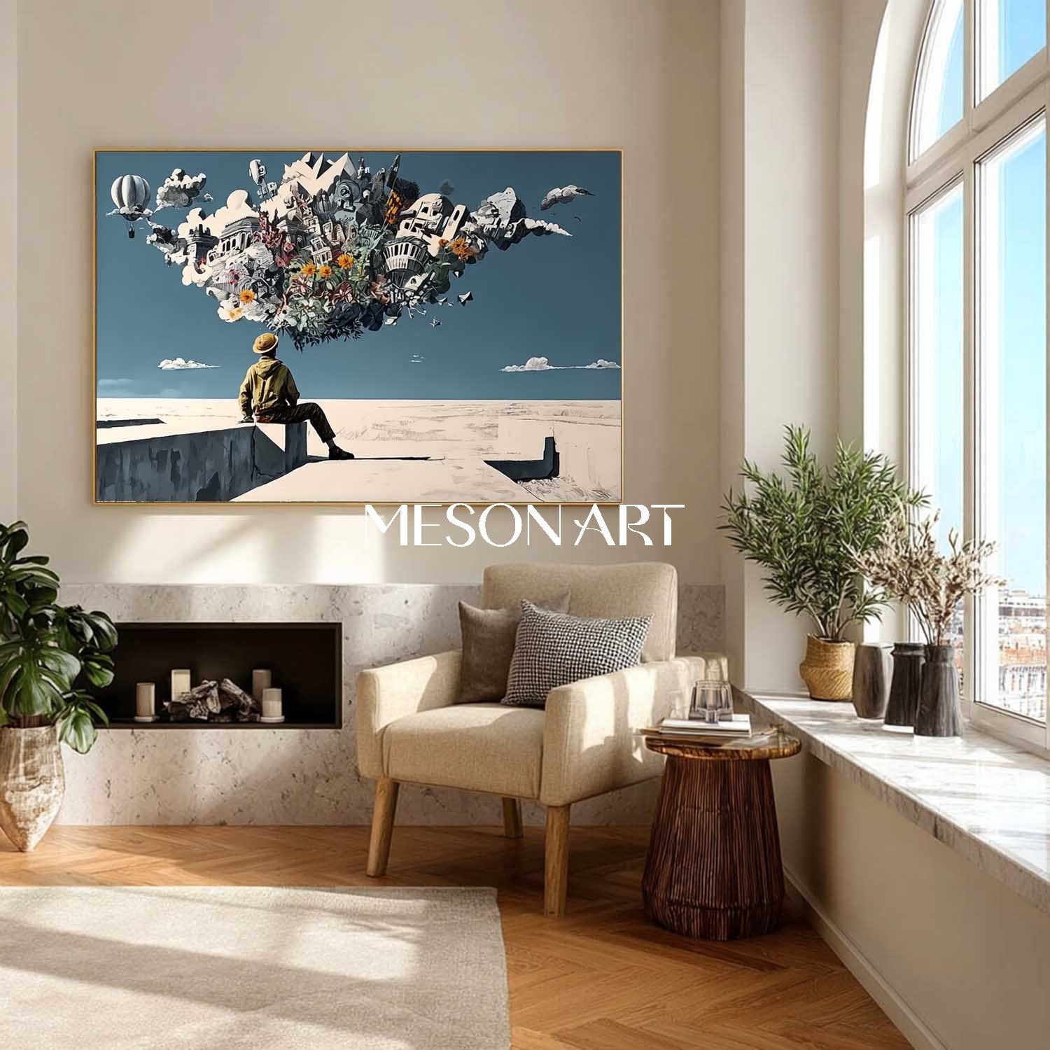 Surreal Boy and City Wall Art Floating City Balloons Painting Funny Surrealism Urban Scene
