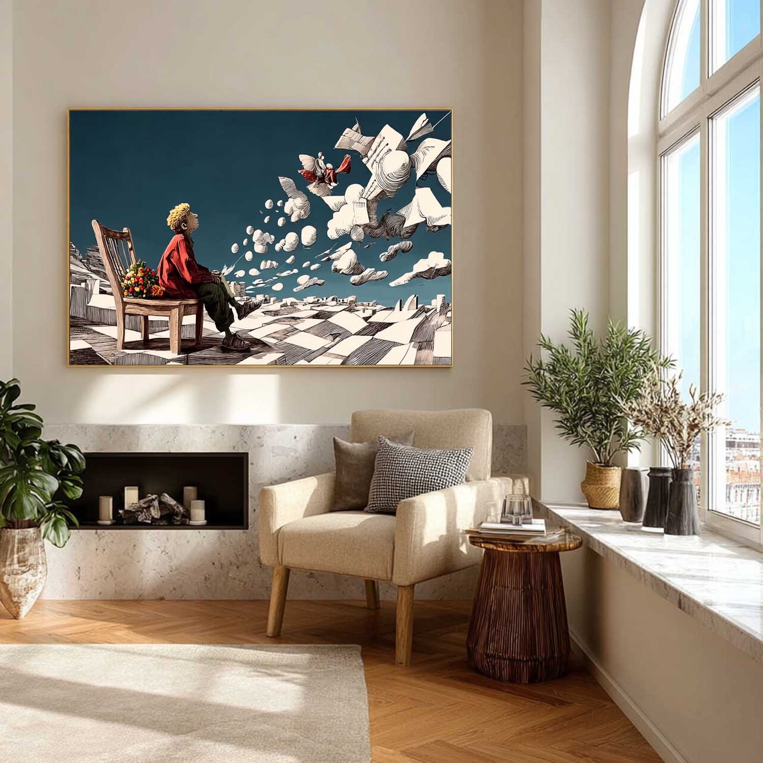 Surreal Boy on Chair with Flying Paper Floor – Conceptual Cloud Art | Mesonart