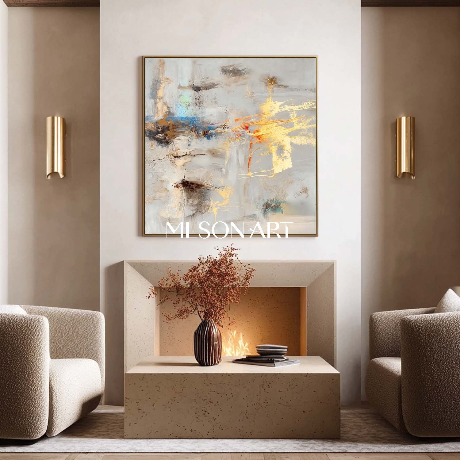 Gray Gold Abstract Textured Painting Large Square Living Room Wall Art