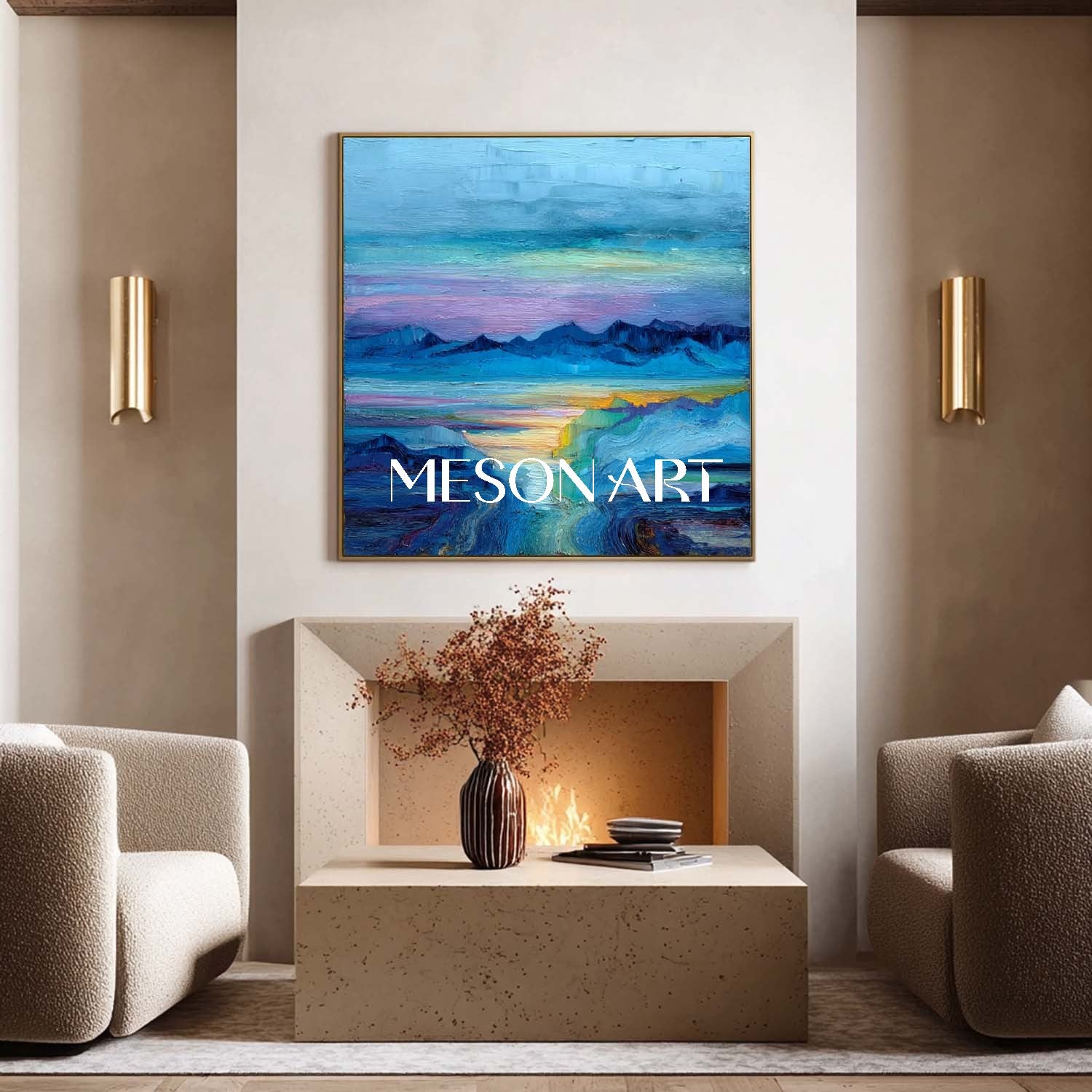 Hazy Horizon Canvas Art – Abstract Mountain and Ocean Wall Decor