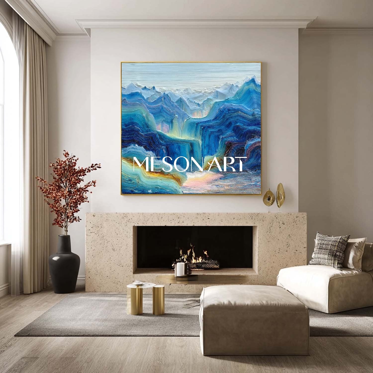 Cloudbound Heights – Blue Textured Mountain Wall Art with Fog