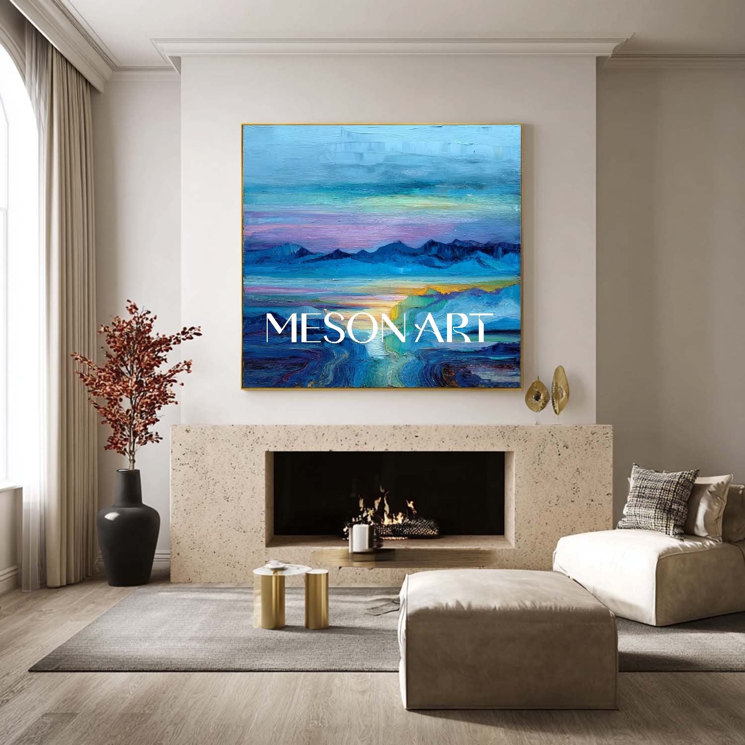 Hazy Horizon Canvas Art – Abstract Mountain and Ocean Wall Decor