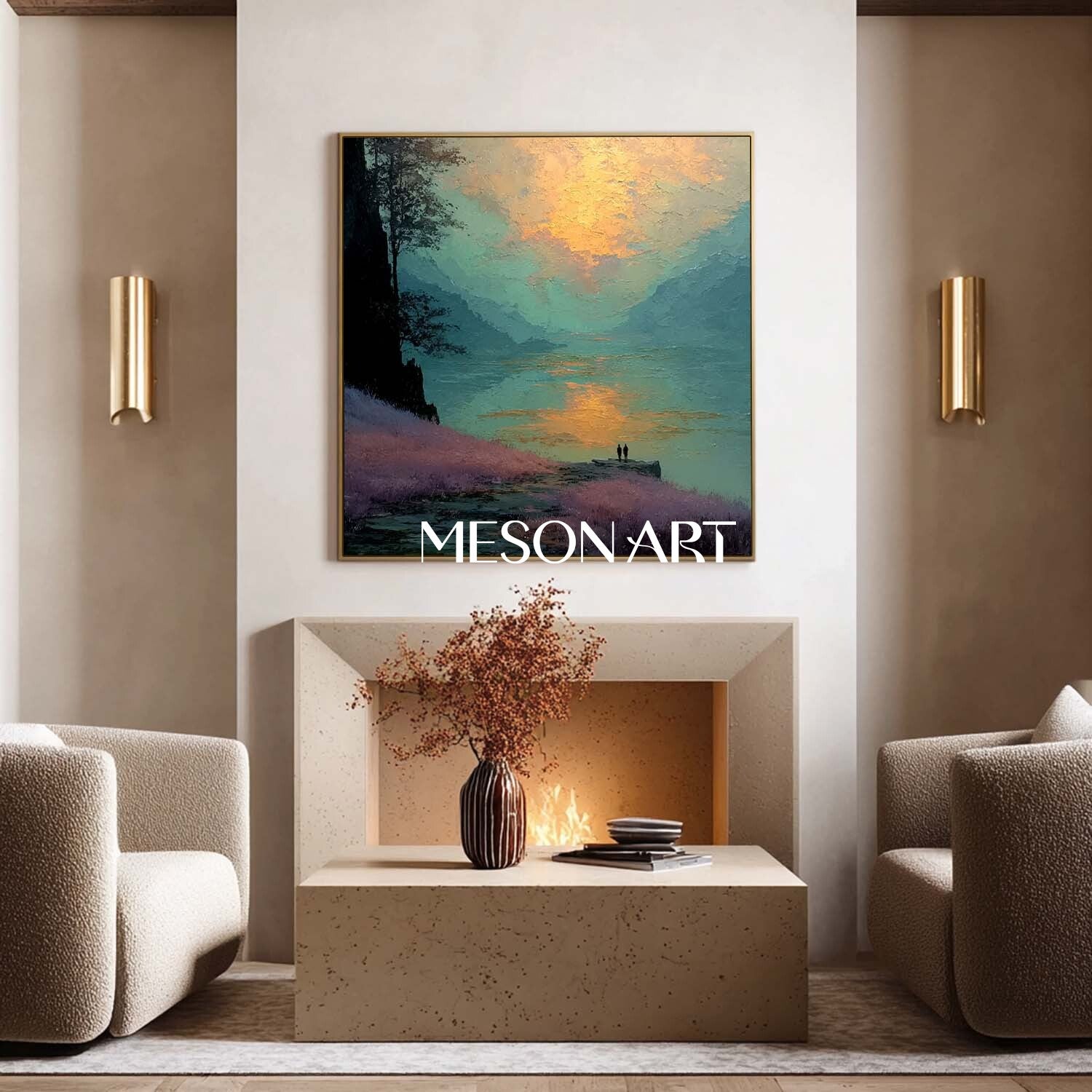 Textured Landscape Canvas – Romantic Sunset Lake Wall Art Decor