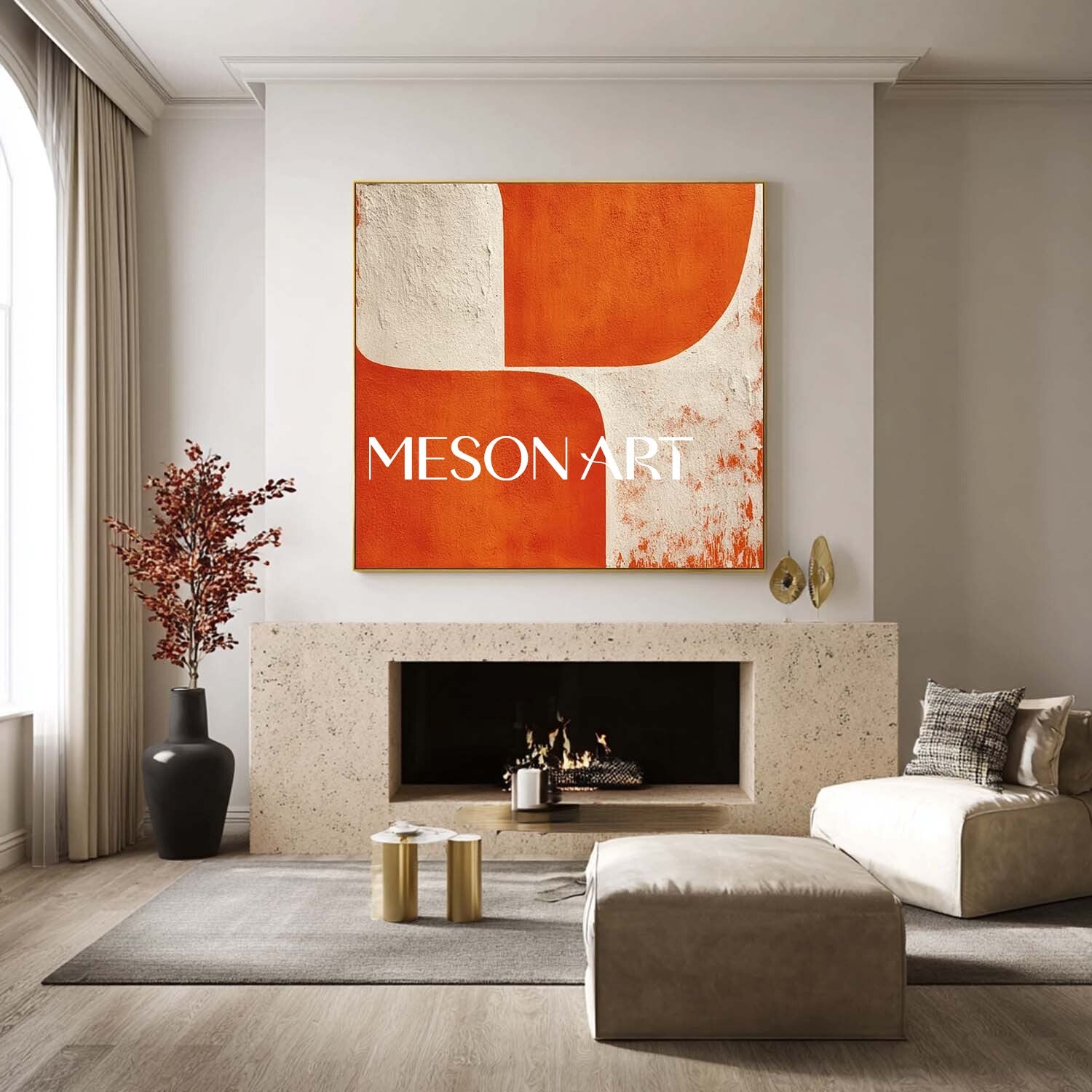 Neutral and Orange Abstract Canvas Contemporary Minimalist Modern Wall Art