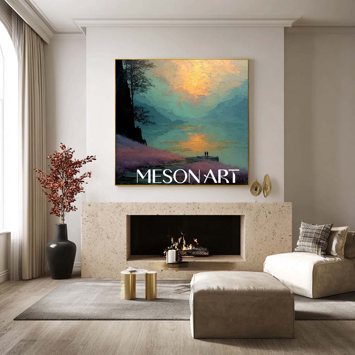 Textured Landscape Canvas – Romantic Sunset Lake Wall Art Decor