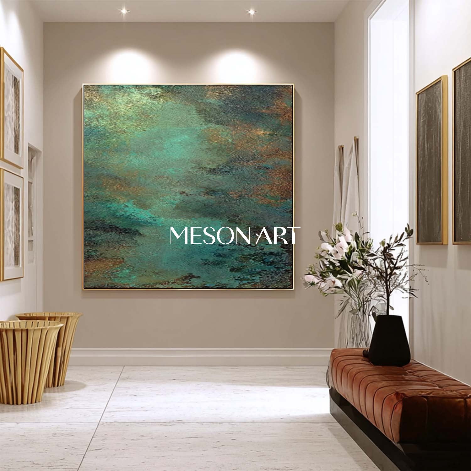 Abstract Green and Bronze Texture Painting Entrance Wall Decor