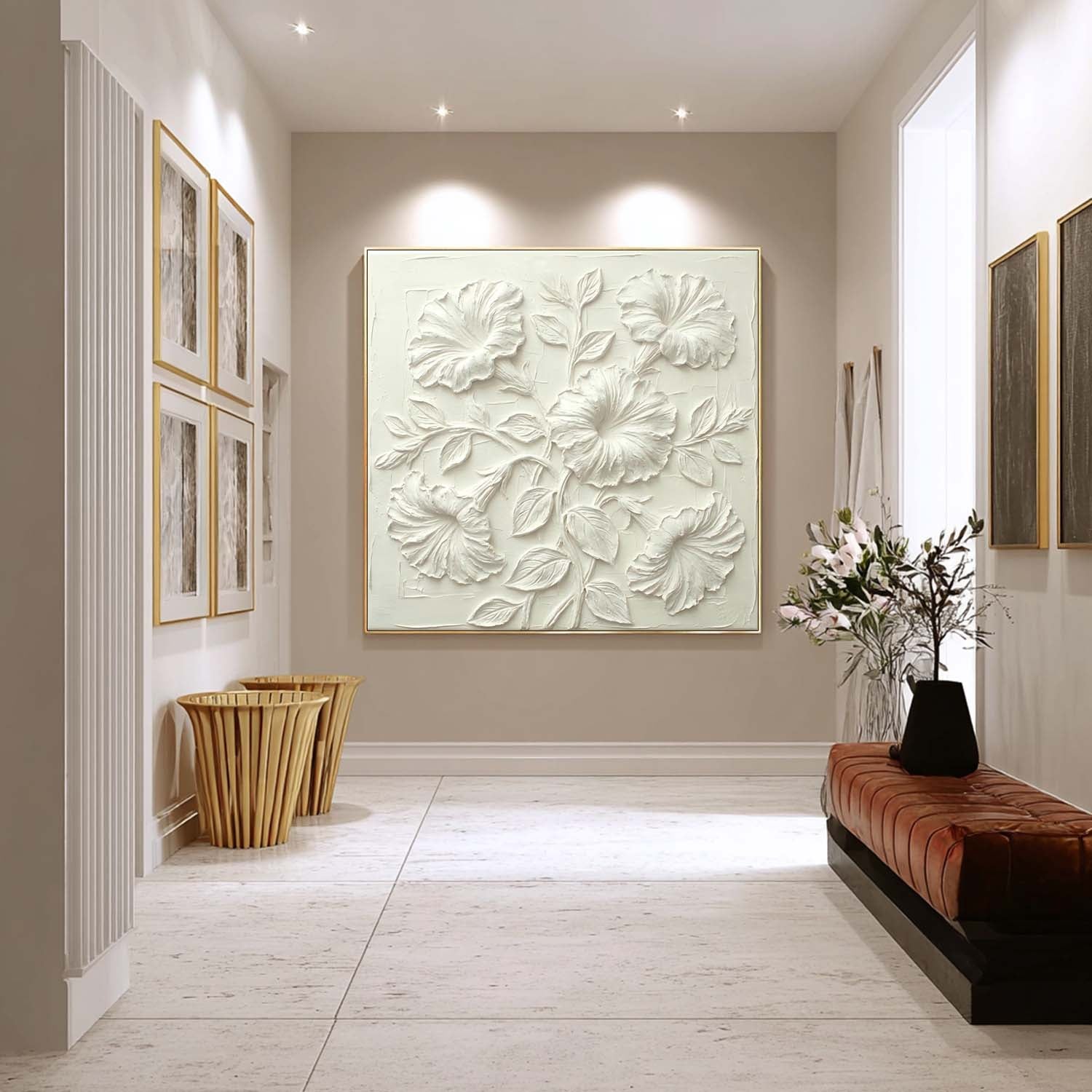 Gold Framed 3D White Petunia Art | Textured Trumpet Flower Decor