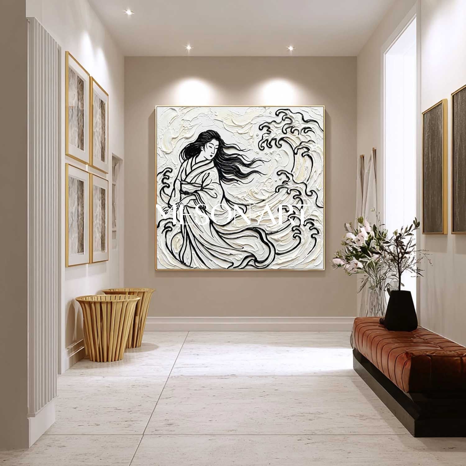 MESON ART | 3D Textured Wave & Lady Square Canvas - Gold Framed