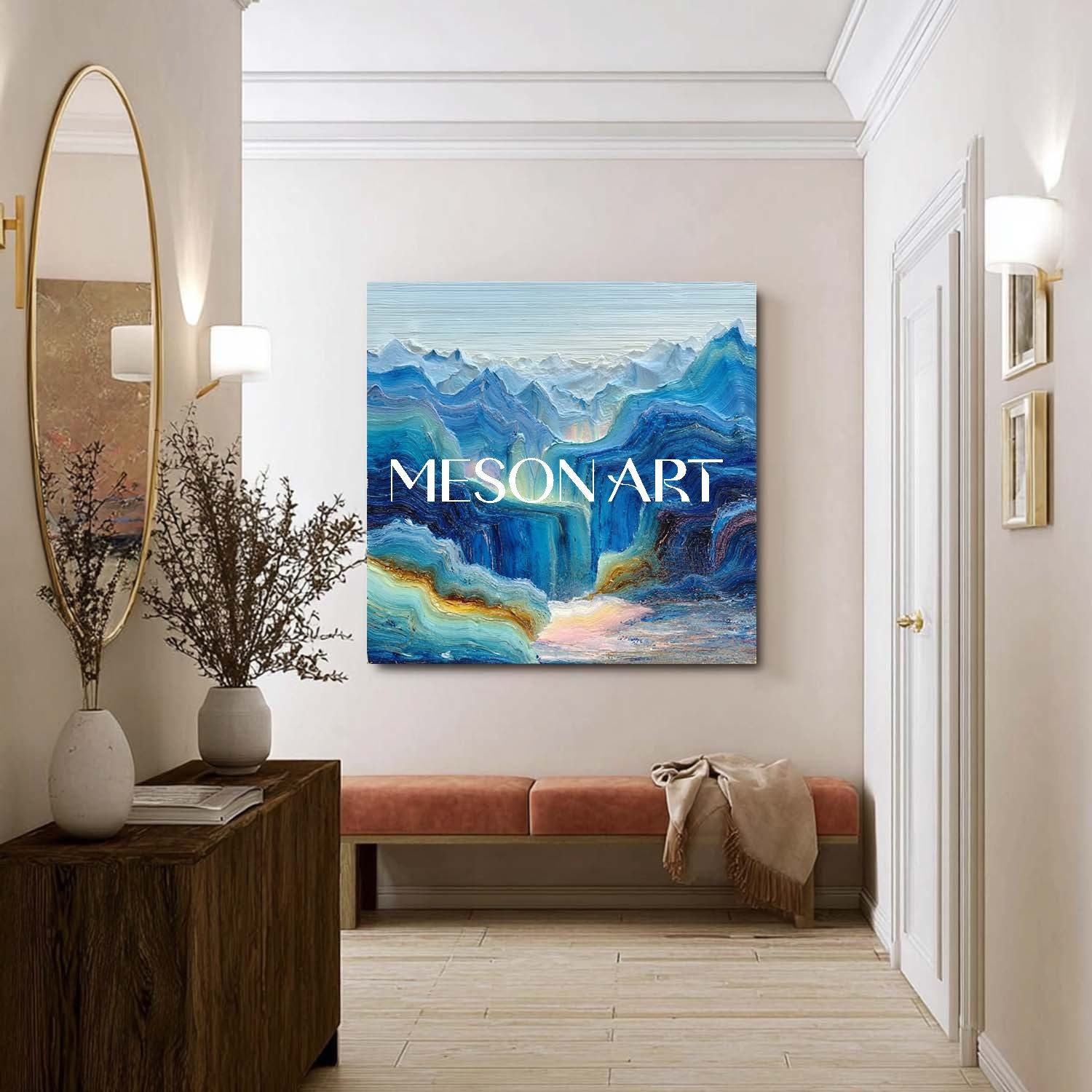 Cloudbound Heights – Blue Textured Mountain Wall Art with Fog