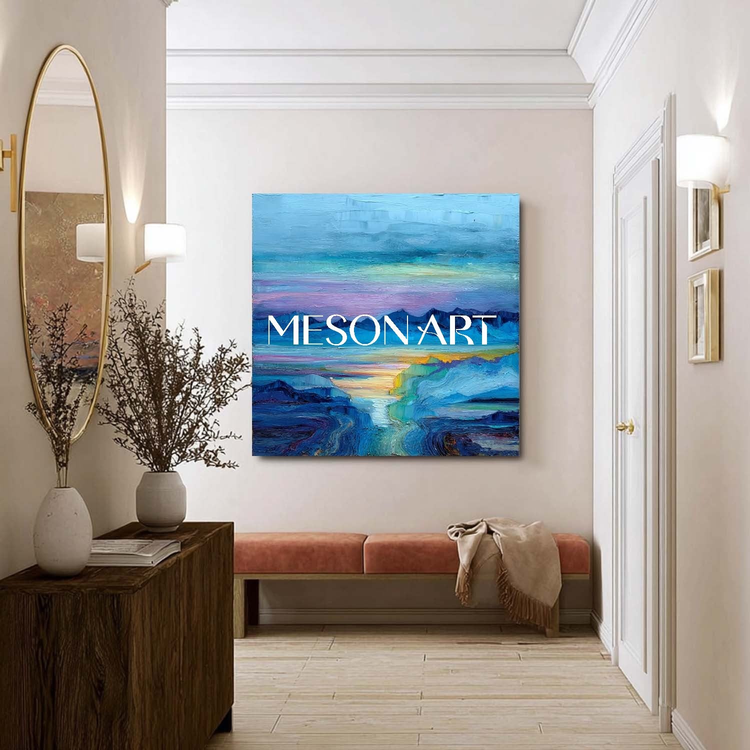 Hazy Horizon Canvas Art – Abstract Mountain and Ocean Wall Decor