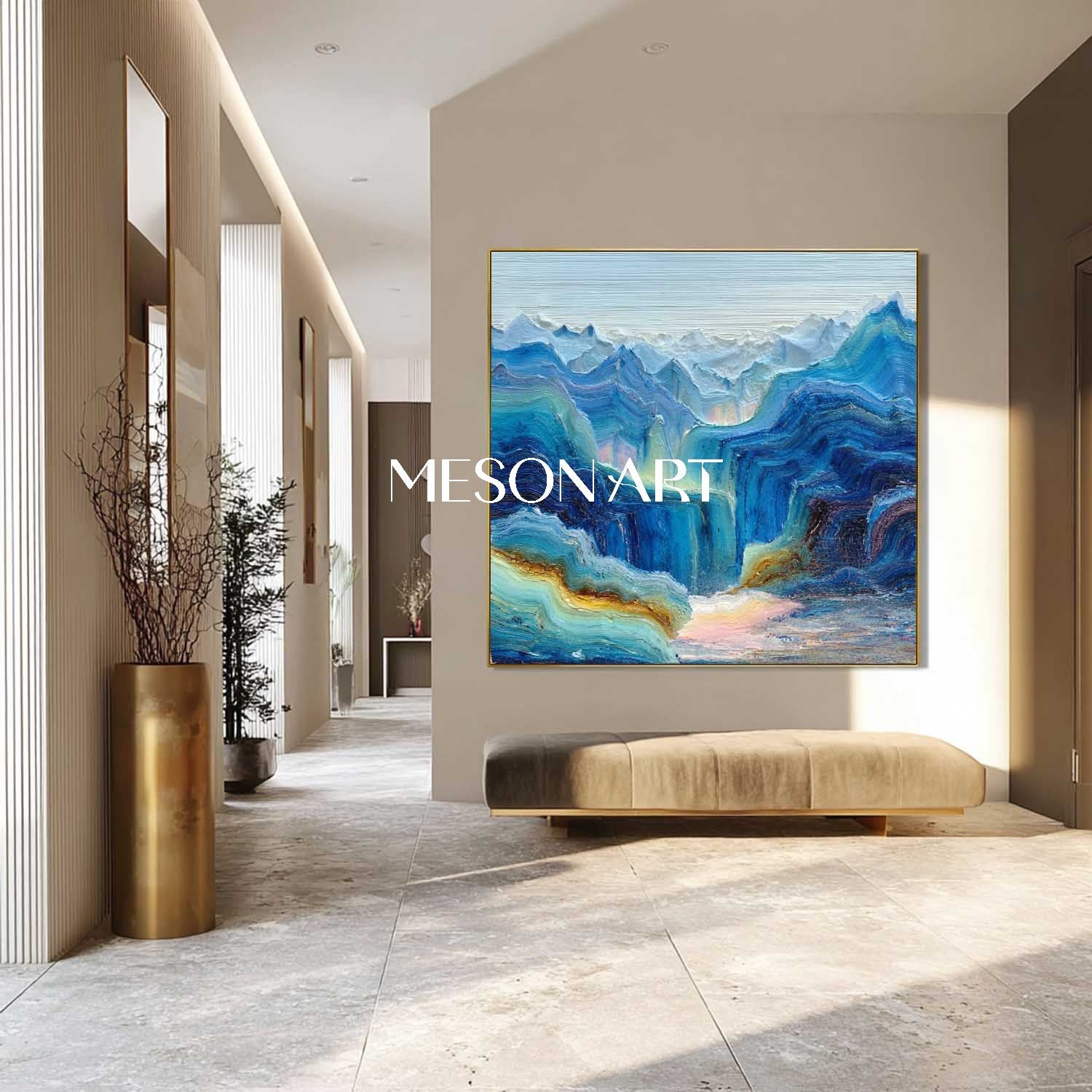 Cloudbound Heights – Blue Textured Mountain Wall Art with Fog
