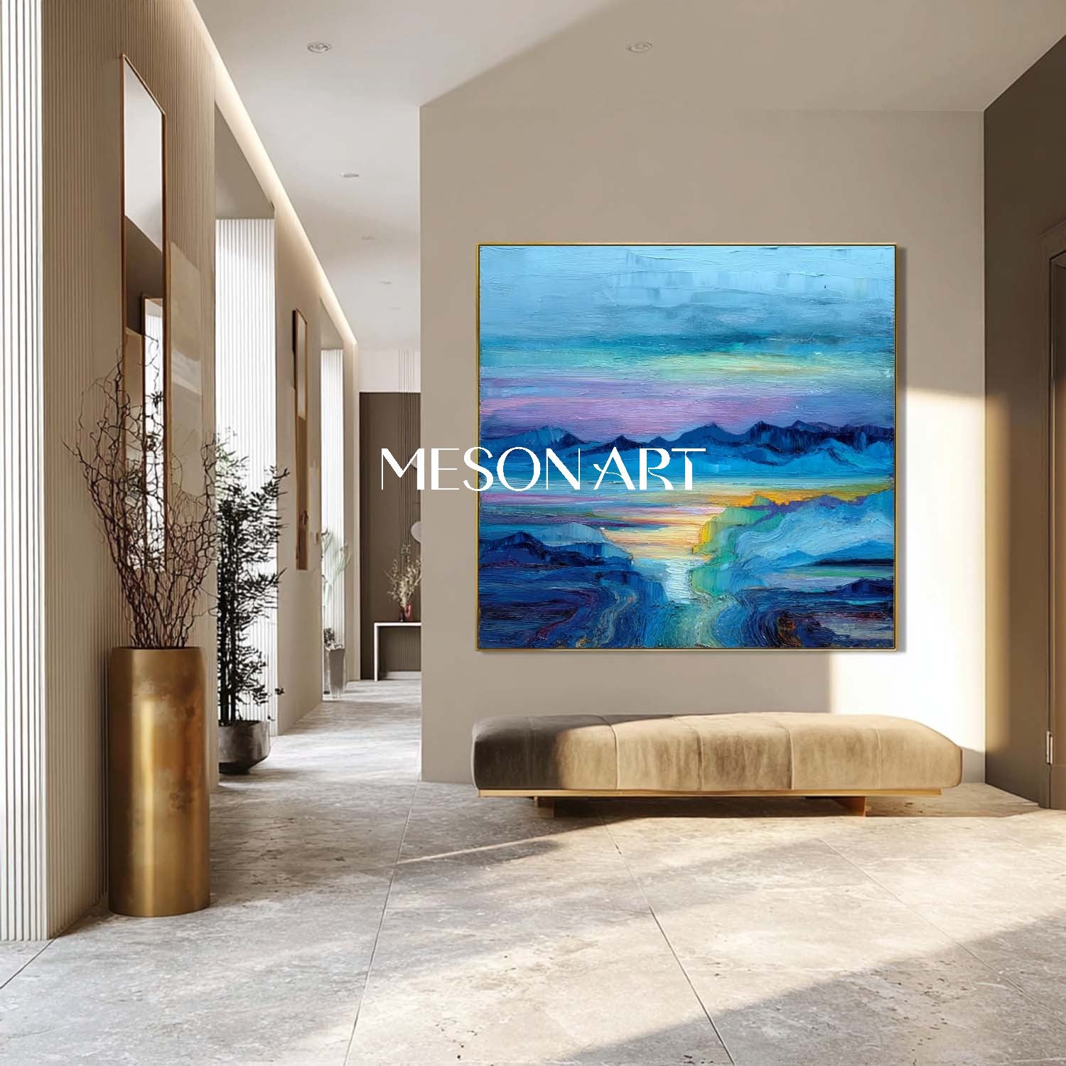 Hazy Horizon Canvas Art – Abstract Mountain and Ocean Wall Decor
