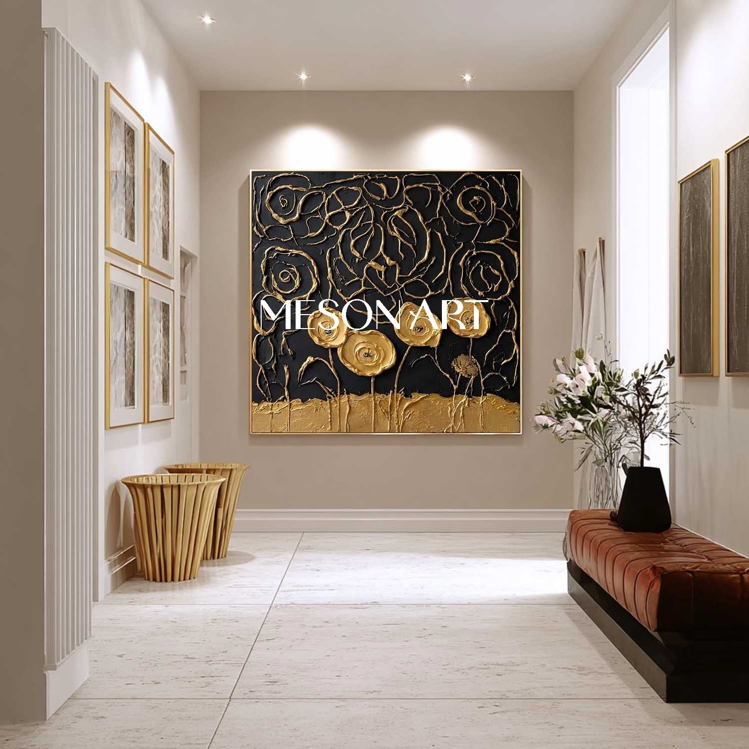 Black And Gold Abstract Rose Swirl Art | 3D Line Texture Decor