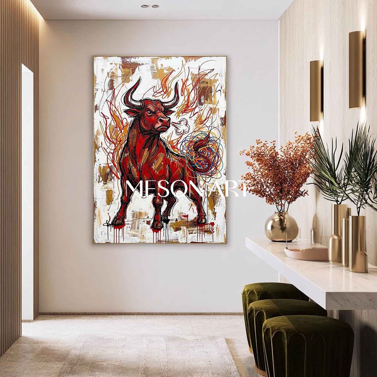 Angry Red Bull Heavily Textured Abstract Modern Oil Painting, Gold Framed Canvas Wall Art for Living Room and Office Decor.