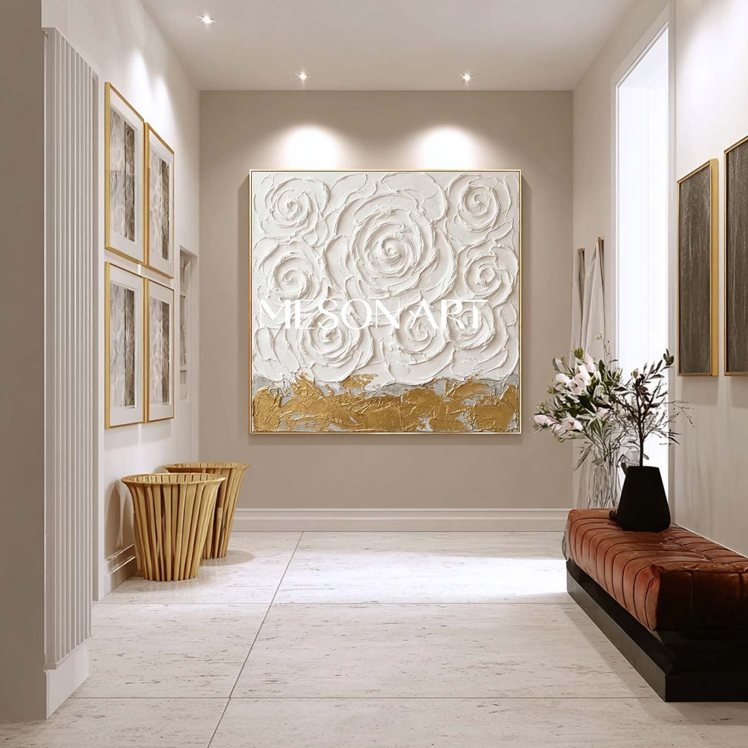 3D Textured White Rose Canvas Art | Gold Foil Plaster Painting