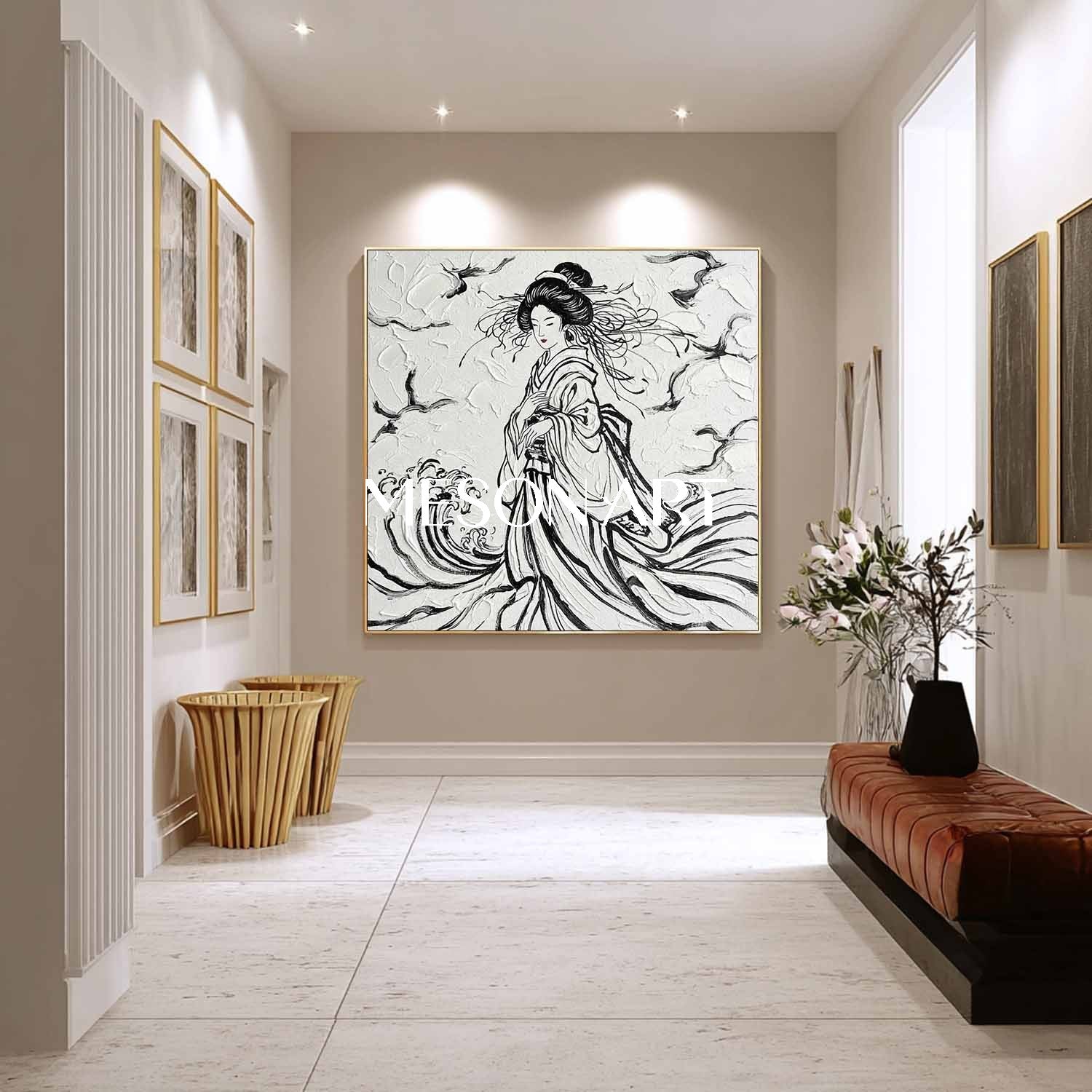 Hand Painted 3D Textured Geisha Canvas Art | Black And White Abstract Asian Wall Decor For Living Room