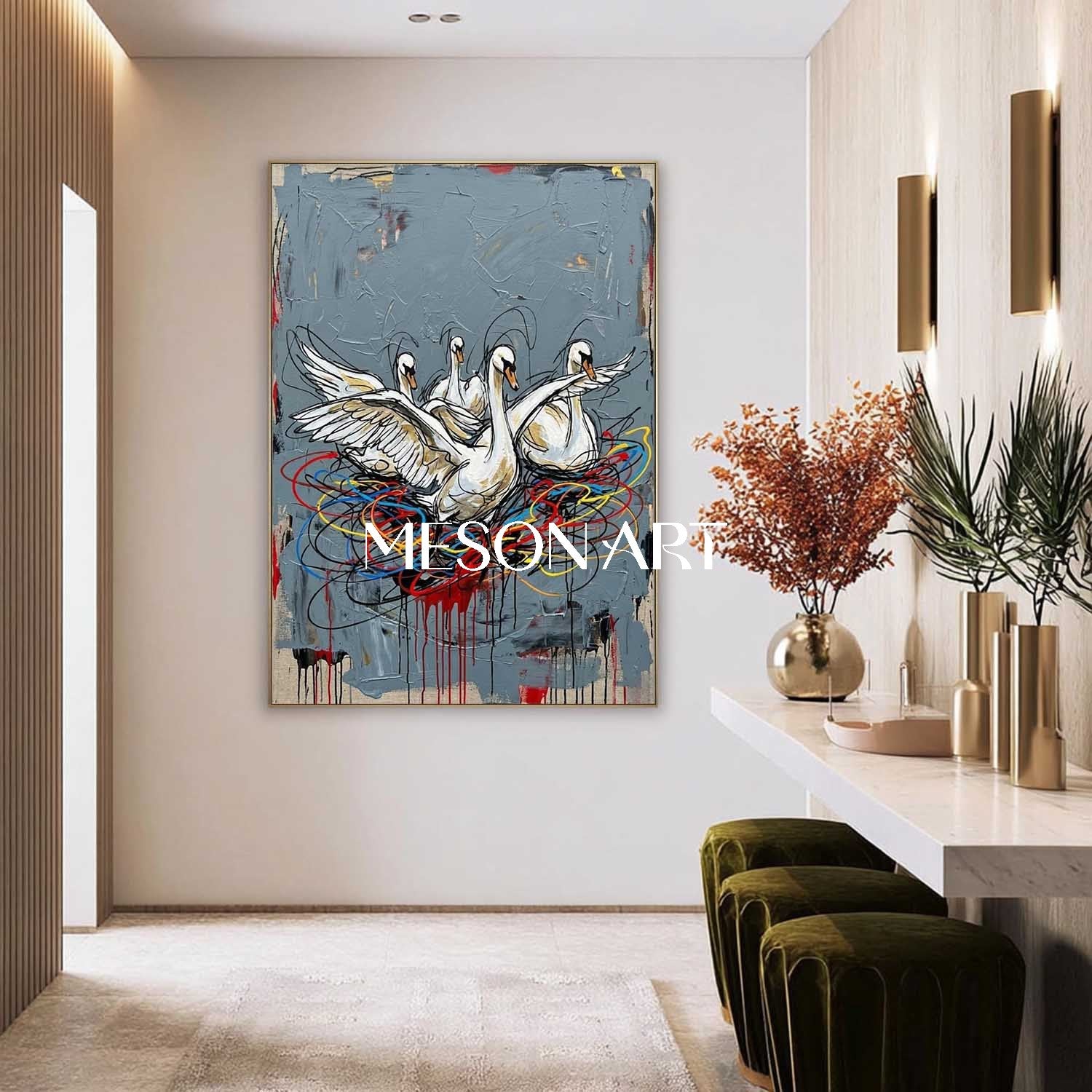 Luxury Textured Swan Painting For Bedroom Modern Grey Wall Decor Gift, Housewarming Gift Artwork, Minimalist Style Decor Accent, Artistic Home Furnishing, Unique Gallery Wall Piece