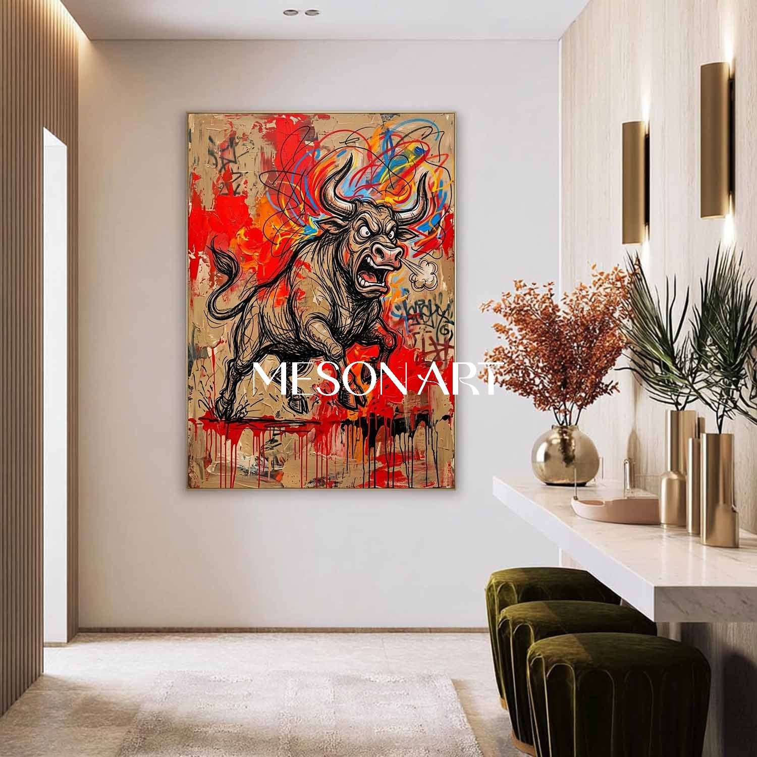 MesonArt Abstract Charging Bull Canvas Painting Red Graffiti Plaster Textured Wall Art for Modern Office Decor