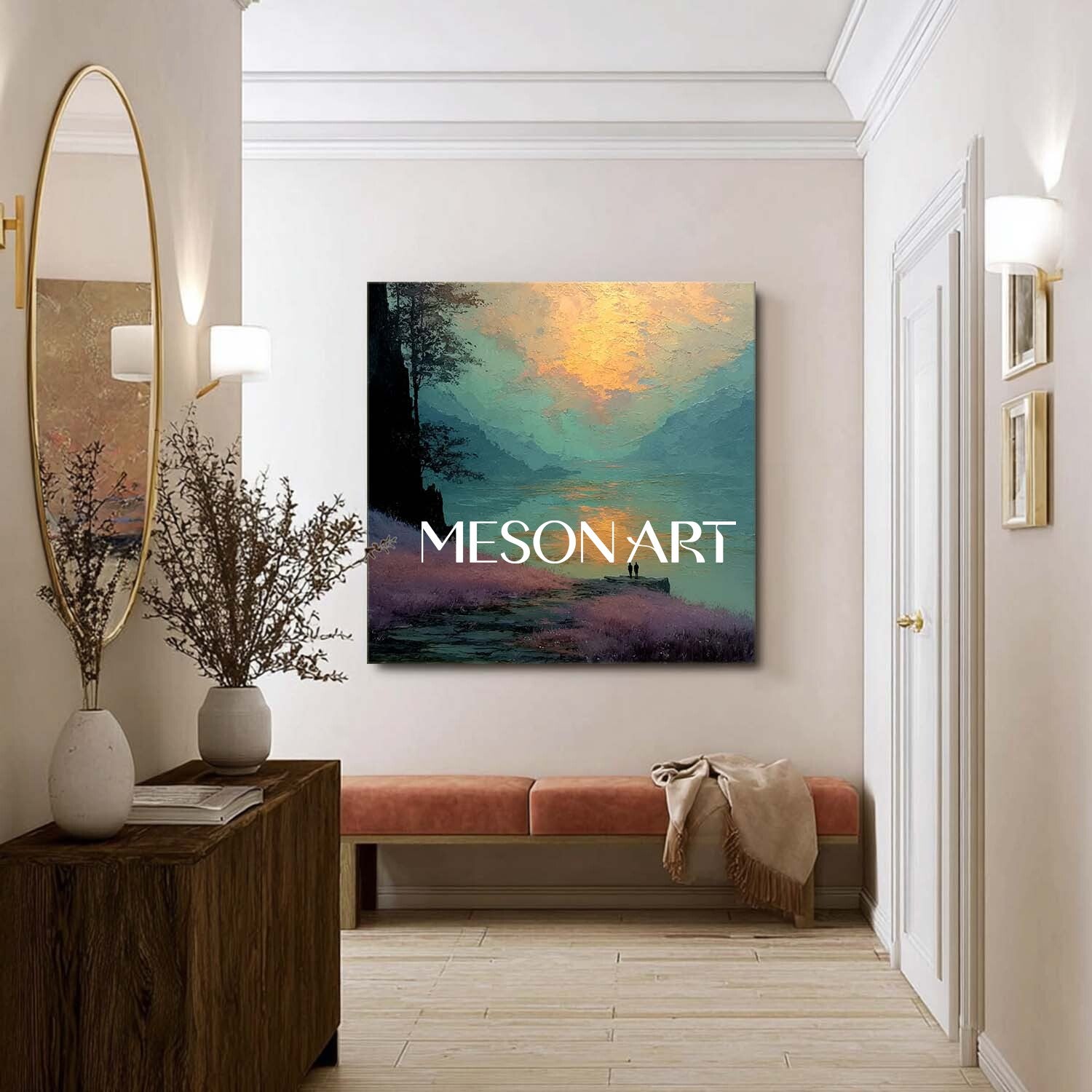 Textured Landscape Canvas – Romantic Sunset Lake Wall Art Decor