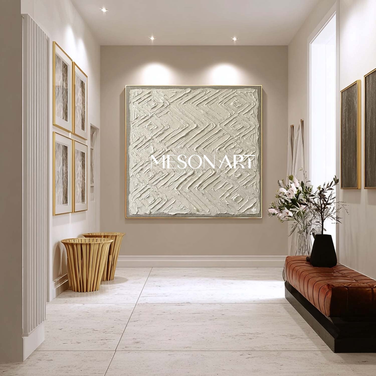 Handmade Textured Canvas Art White Aztec Relief With Gold Frame Neutral Boho Decor For Living Room