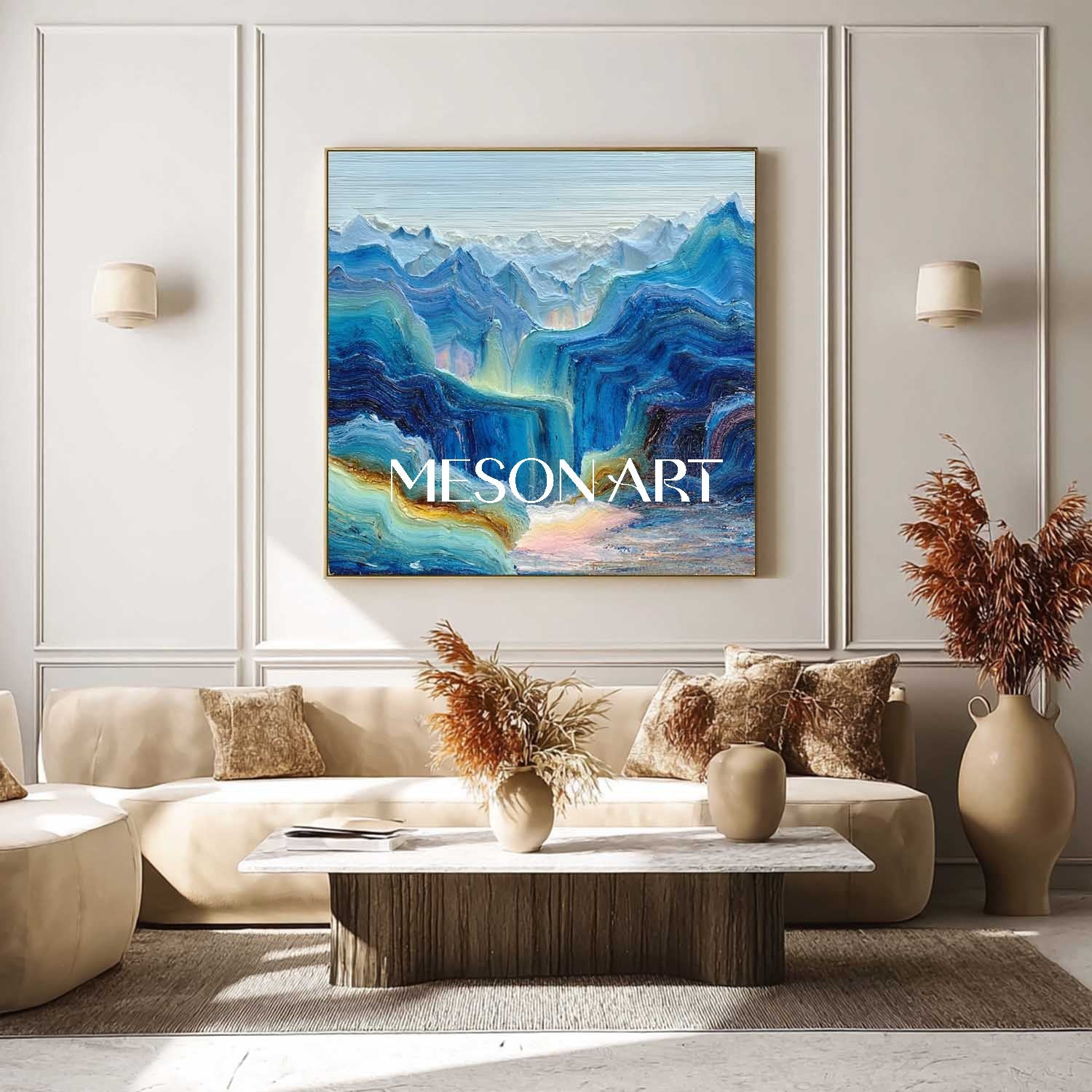Cloudbound Heights – Blue Textured Mountain Wall Art with Fog