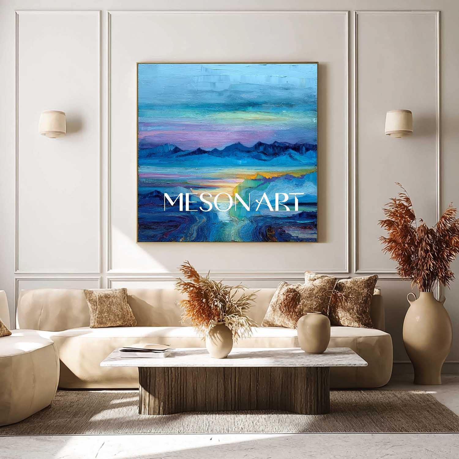 Hazy Horizon Canvas Art – Abstract Mountain and Ocean Wall Decor