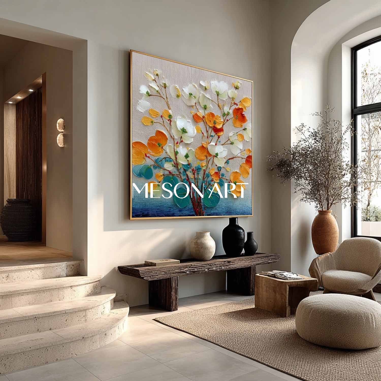 Contemporary Botanical Wall Art – Hand-Painted Flower Canvas |Mesonart