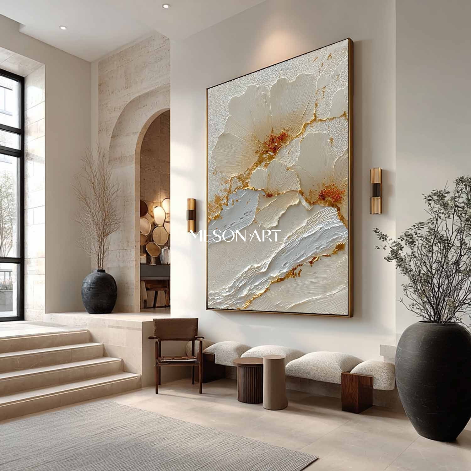 Gold and white flowers plaster art white flowers wall art decor Flowers texture canvas painting
