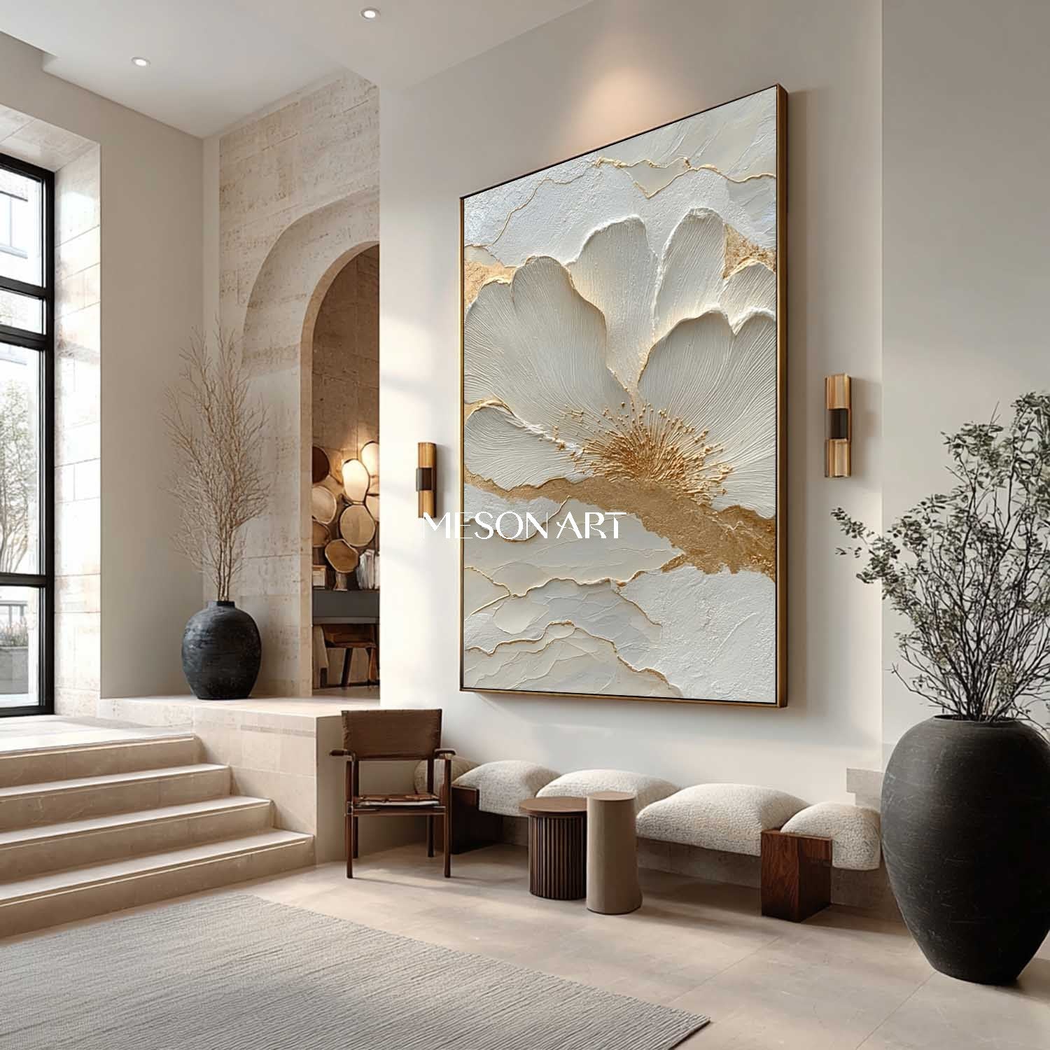 White Flower Art Decoration Gold and White Flowers Plaster Art Canvas Flower Texture Wall Painting