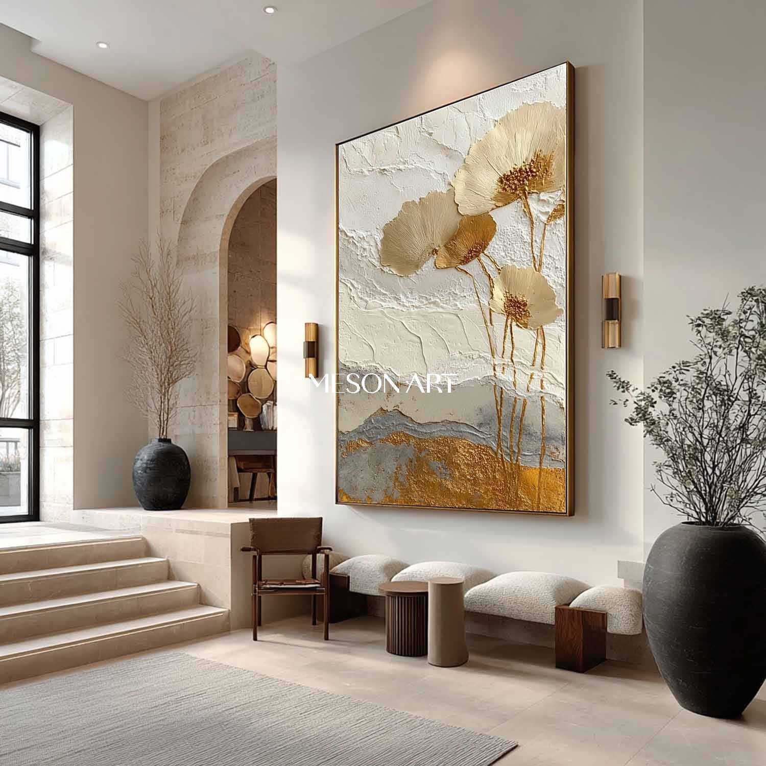 Golden Flower Art Decoration Gold and White Flowers Plaster Art Canvas Flower Texture Wall Paintings