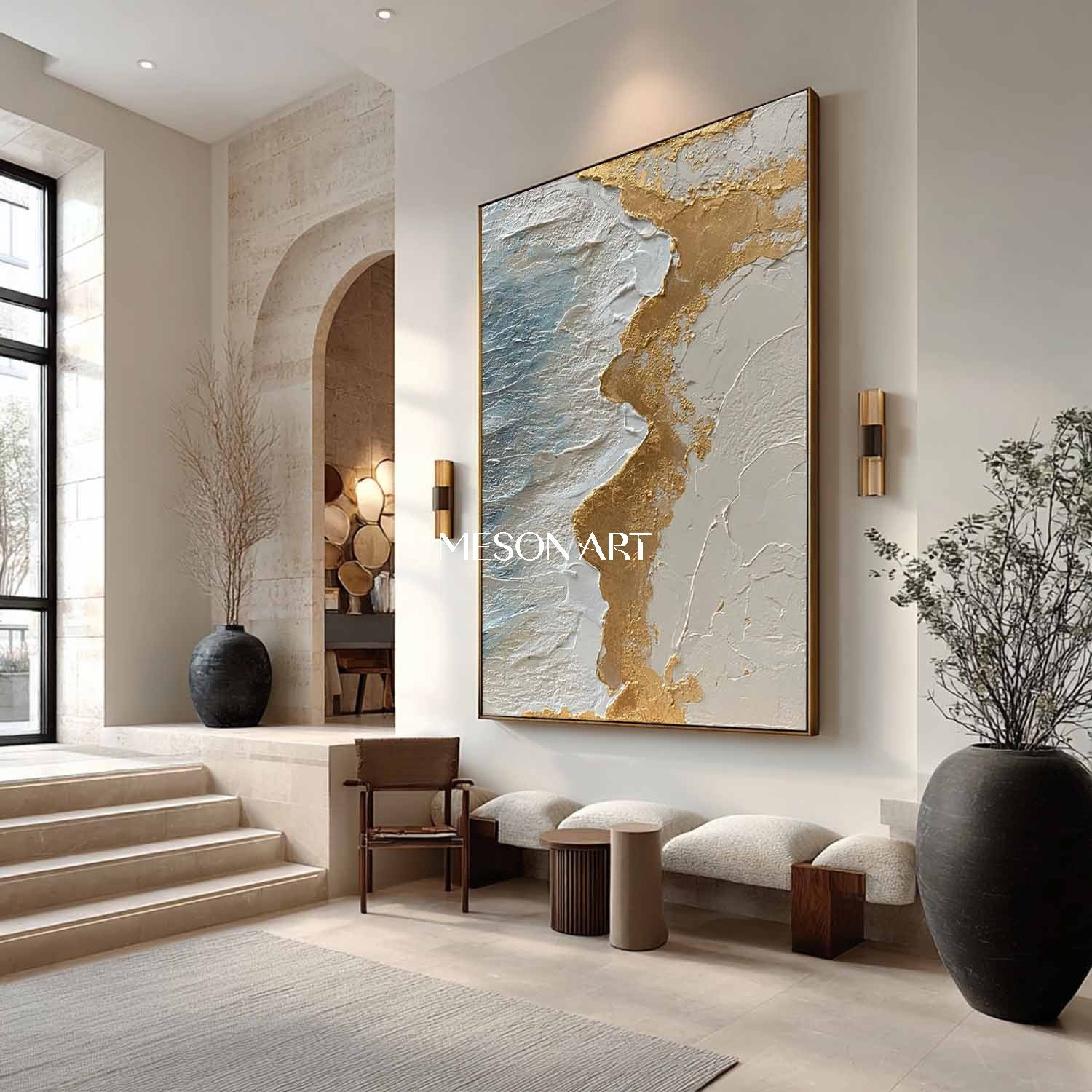 Gold and white ocean waves beach abstract canvas art Ocean waves wall painting decoration ideas