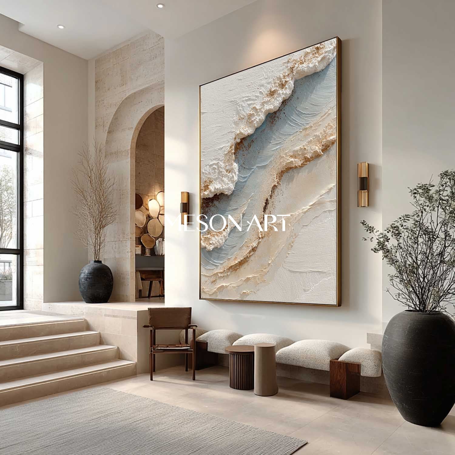 White ocean waves plaster texture painting White ocean waves abstract canvas wall art decoration