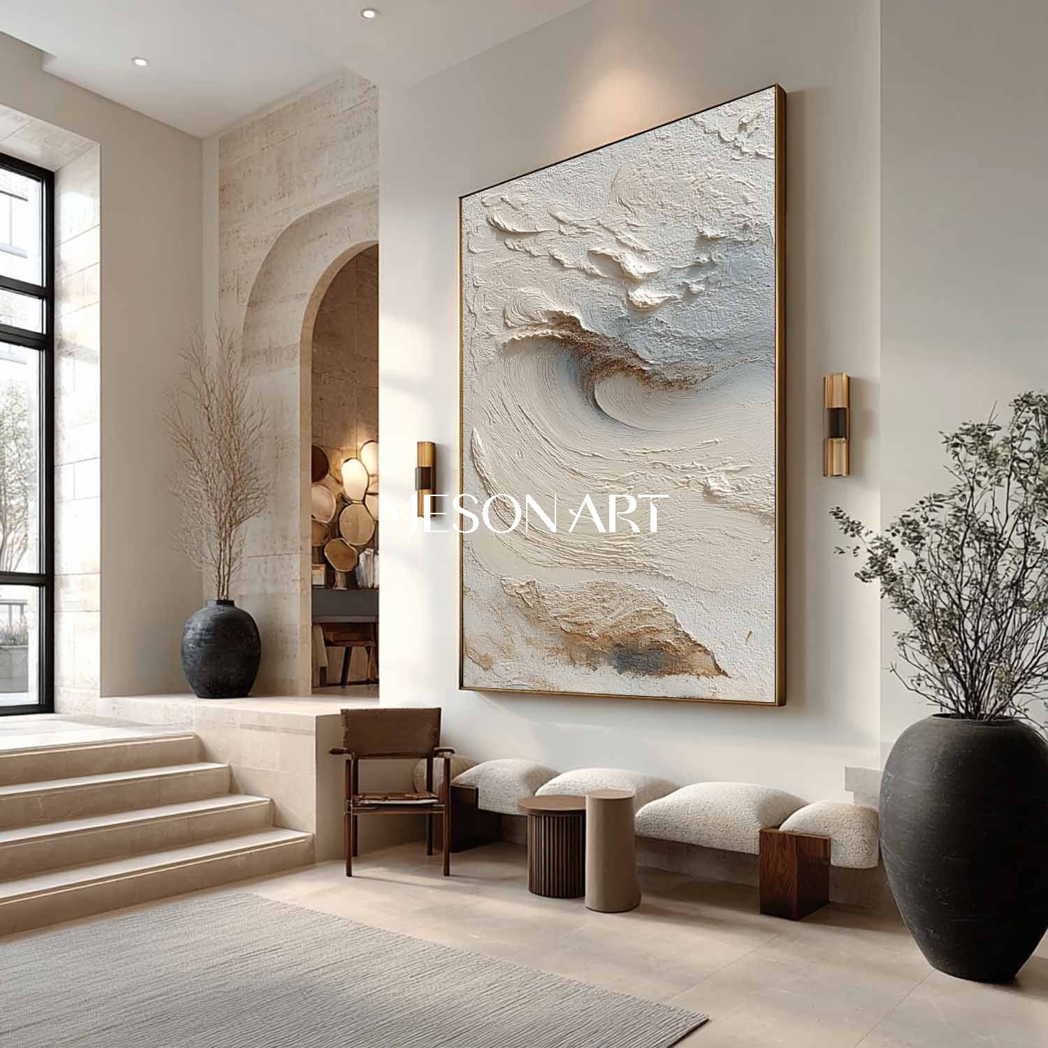 Fireplace Wall Decor Ideas Beige 3D Texture Painting Beige Abstract Canvas Wall Art