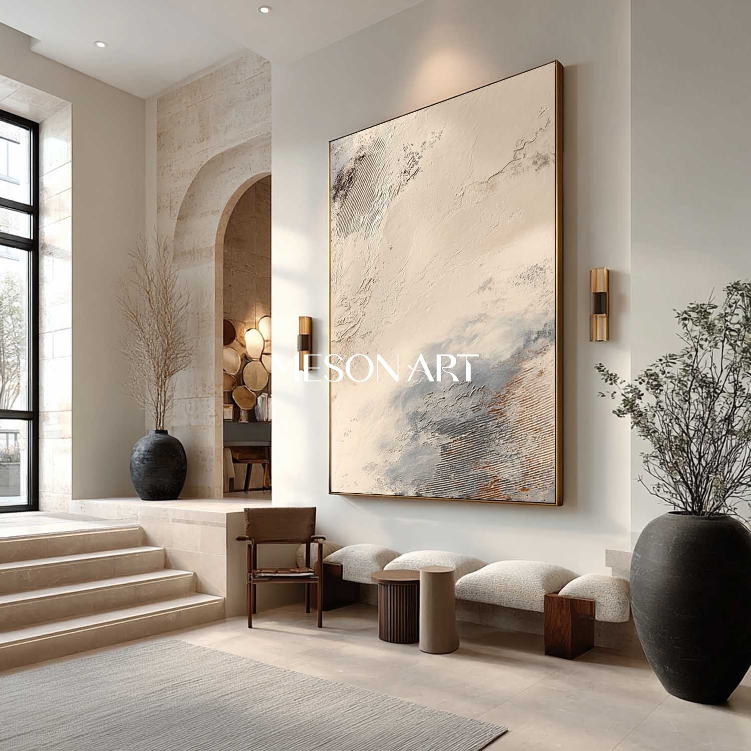Large Bedroom wall decor ideas beige abstract texture painting beige abstract canvas wall art