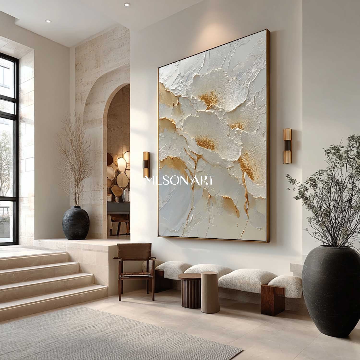 Gold and White Flowers Plaster Canvas Art Decoration White Flowers Wall Art Flowers Texture Painting