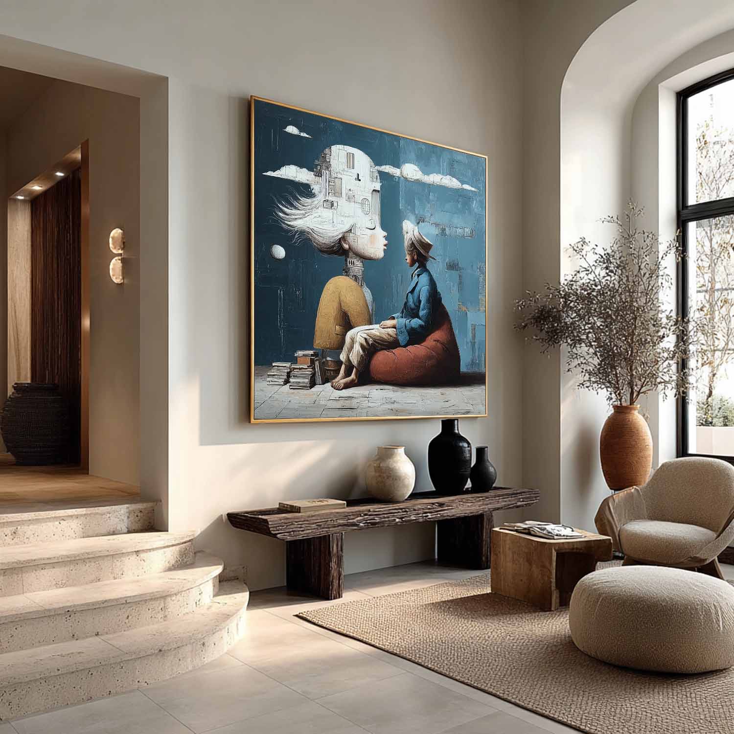 Books as Floor, Thoughts as Castles – Whimsical Surrealist Canvas by Mesonart