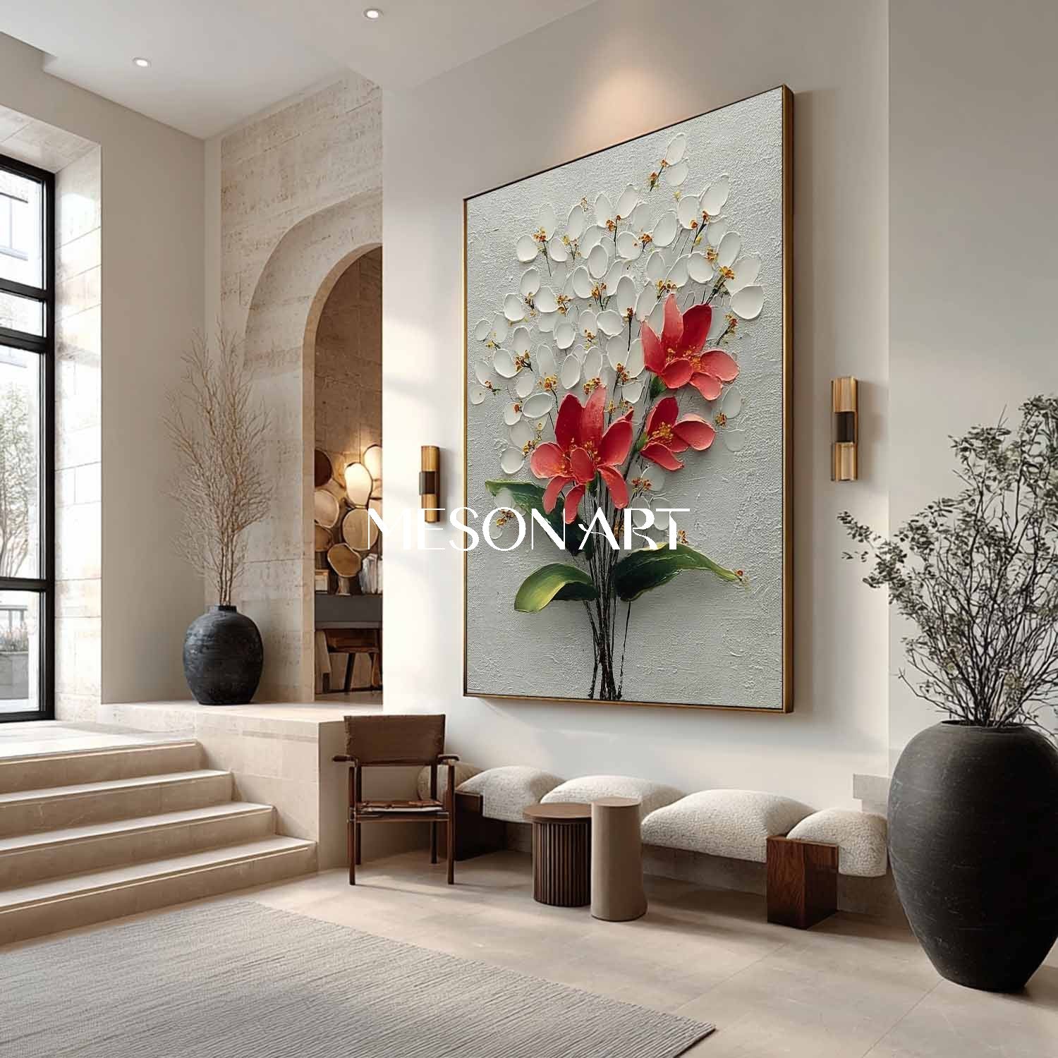 Bedroom Flower Canvas Decor Hand-Painted Floral Wall Art Monochrome Botanical Canvas