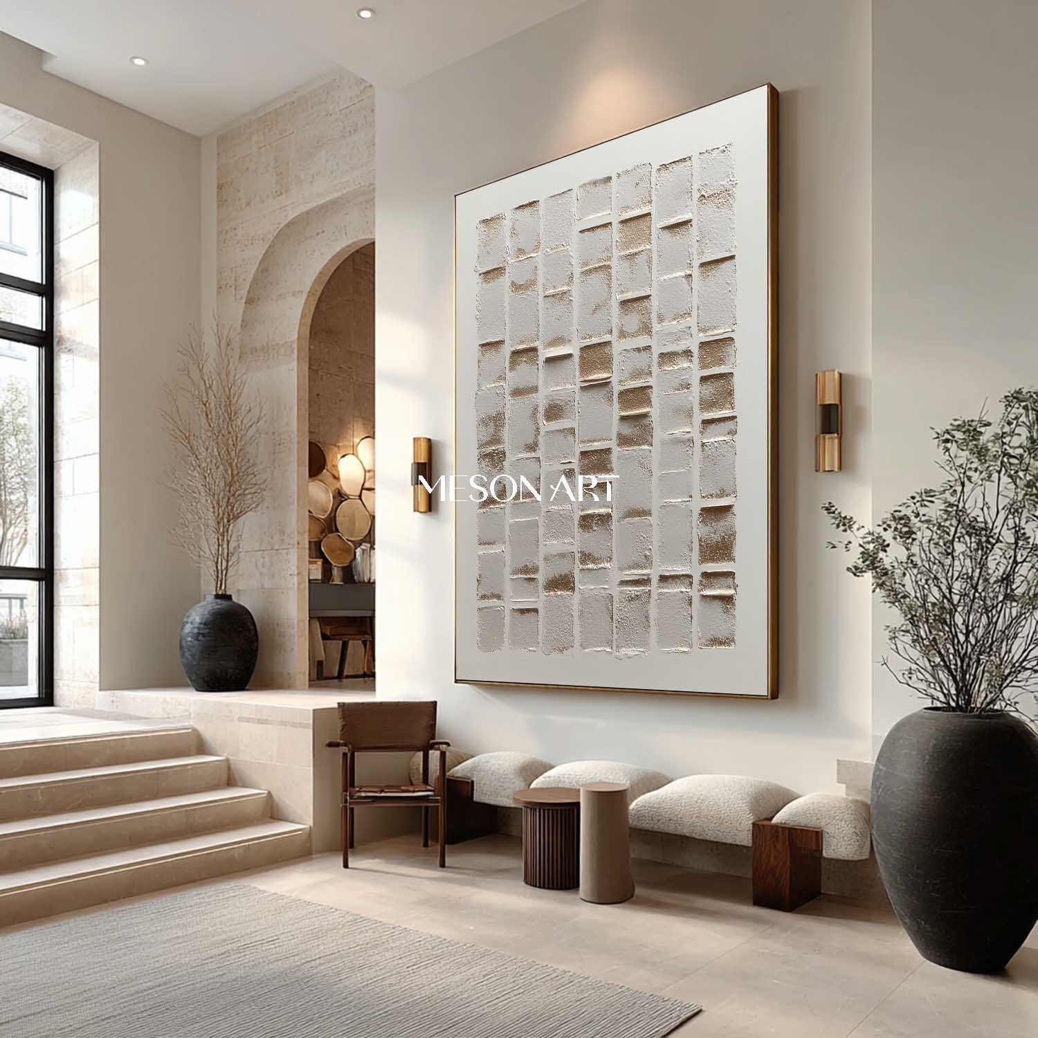 Large 3D Gold and White Abstract Texture Art Gold and White Minimalist Canvas Wall Decor