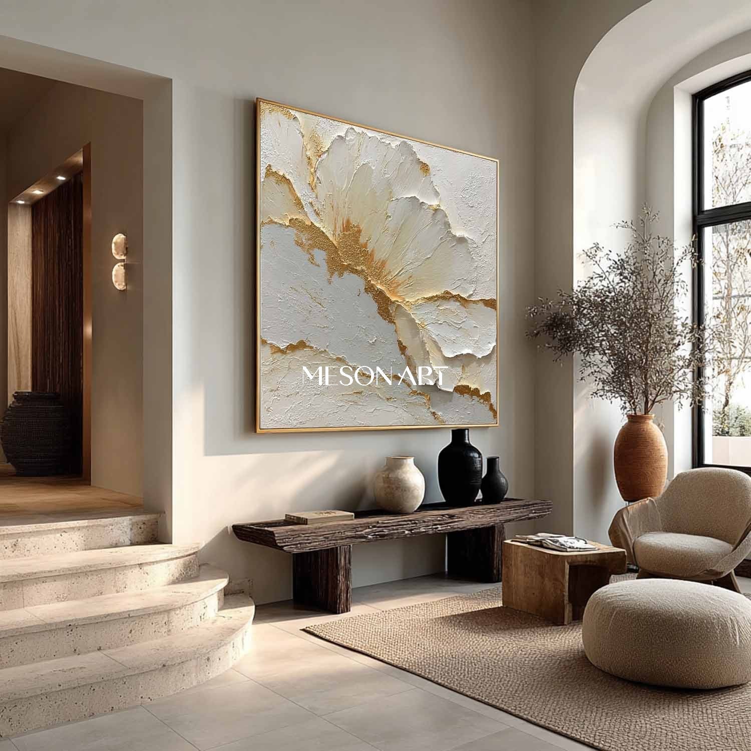 Large Gold and White Plaster Canvas Art Gold and White Flower Wall Art Decor Flower Texture Painting