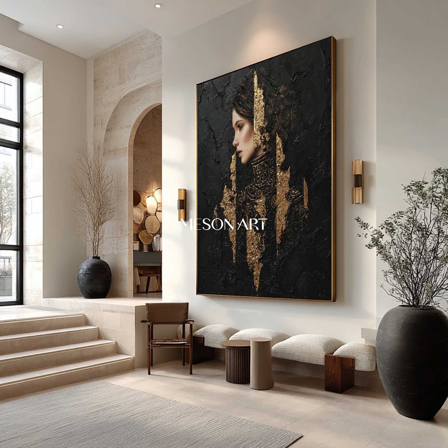 Black and Gold Lady Abstract Portrait Art for Sale Pretty Woman Portrait Texture Painting