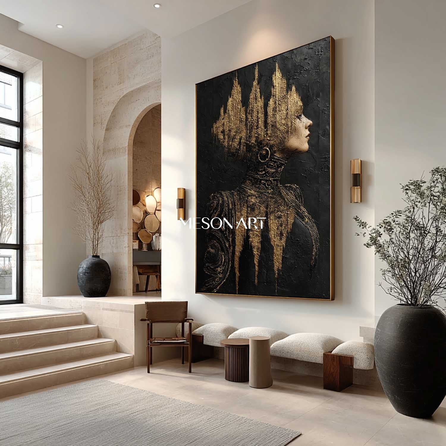 Black and Gold Lady Abstract Portrait Art Canvas for Sale Beautiful Lady Portrait Texture Painting